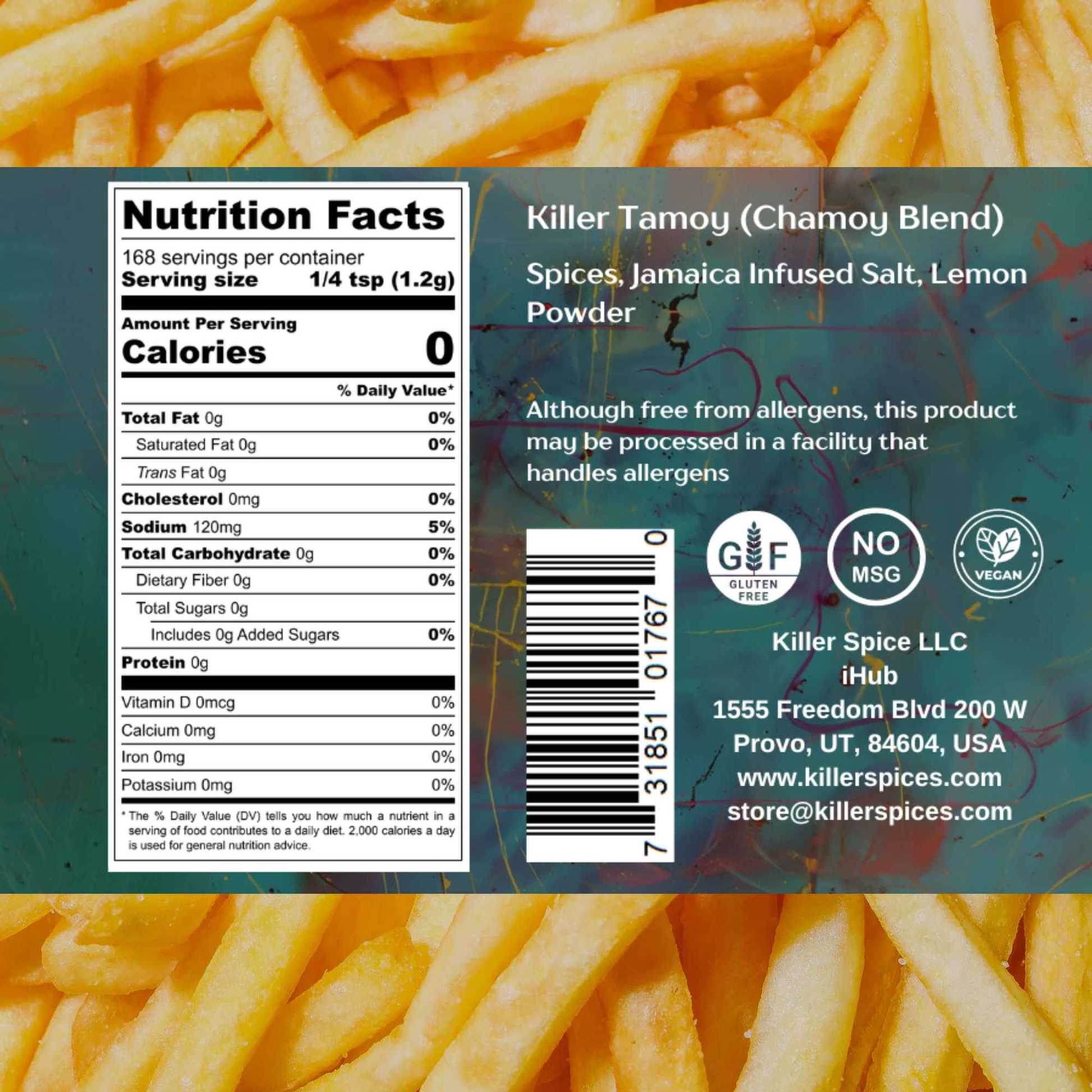 Killer Tamoy Chamoy Blend nutrition label and product information on teal background framed by golden french fries