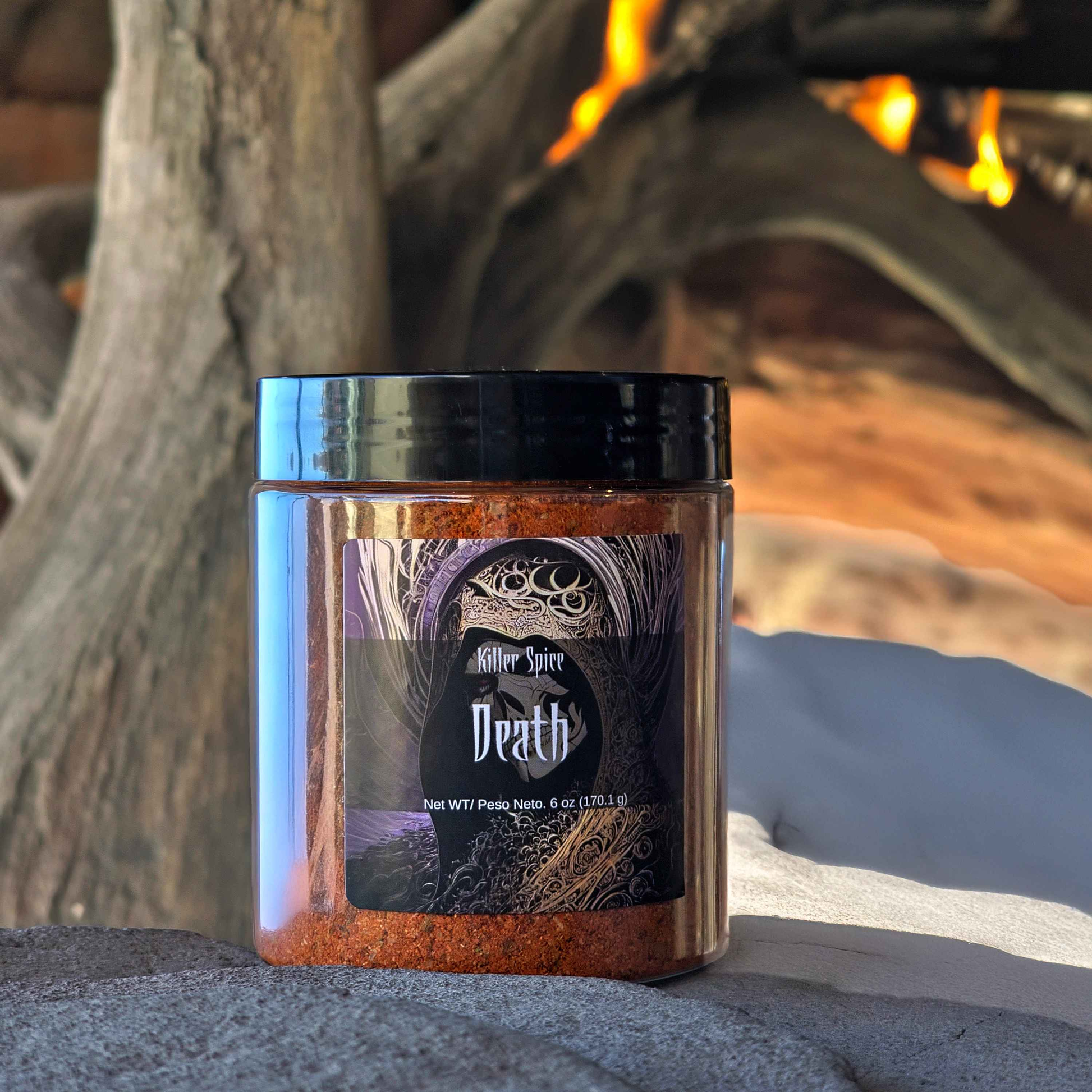 Death chocolate habanero spice jar with gothic label against rustic wood and flames background