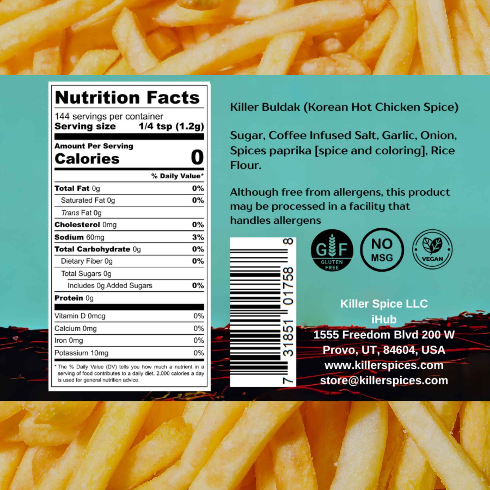 Killer Buldak coffee-infused Korean hot chicken spice blend nutrition label on turquoise background with french fries border