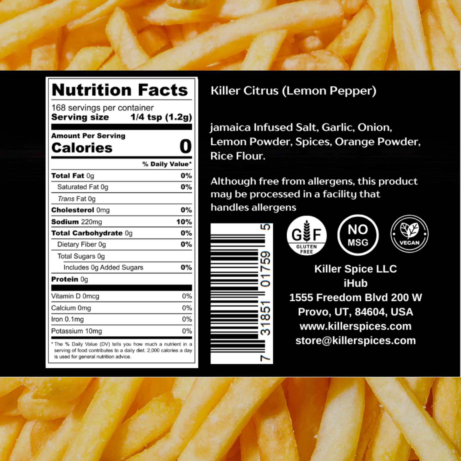 Killer Citrus spice blend nutrition label and packaging details showing ingredients, certifications, and company information