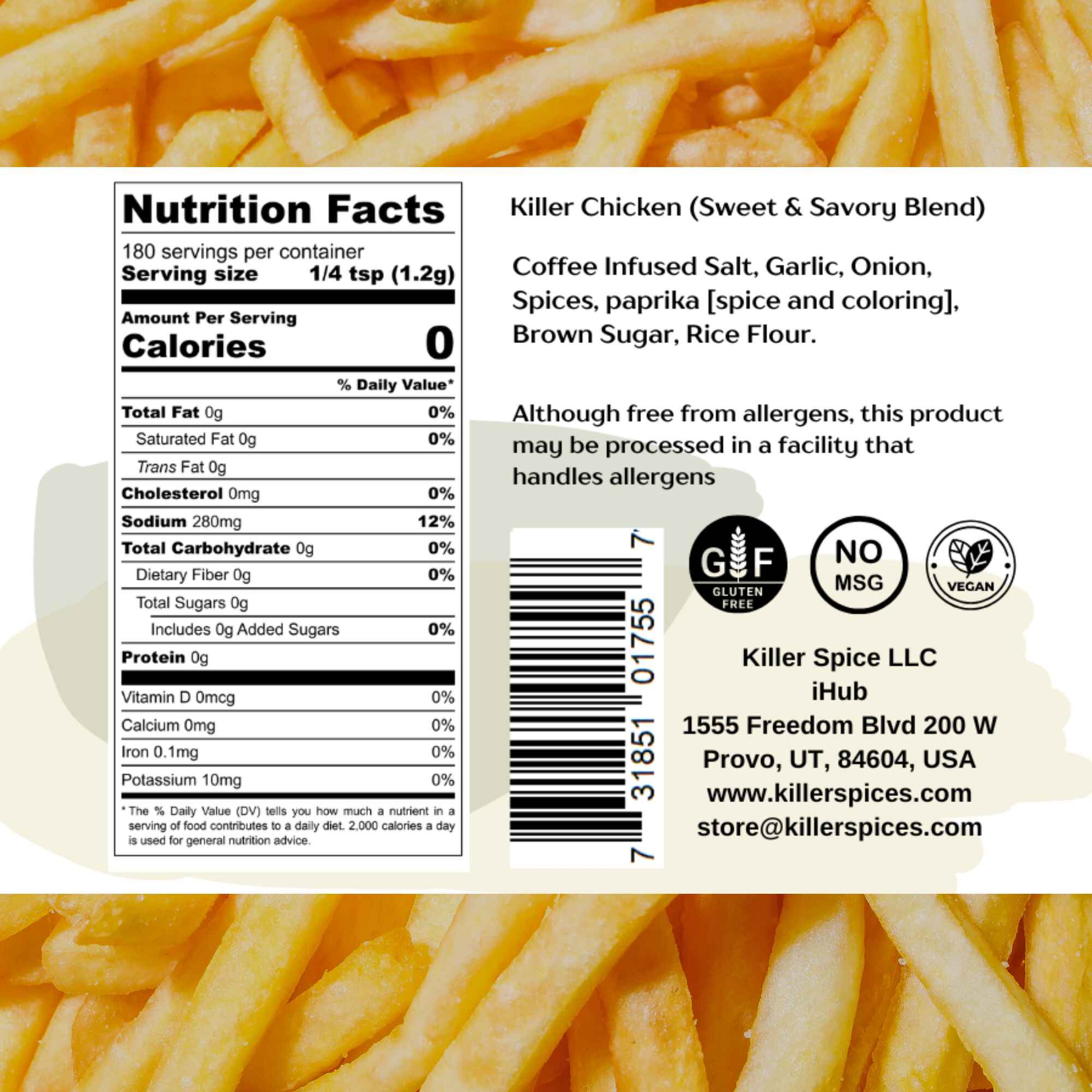 Killer Chicken spice blend nutrition label and ingredients on golden french fry background with certification badges