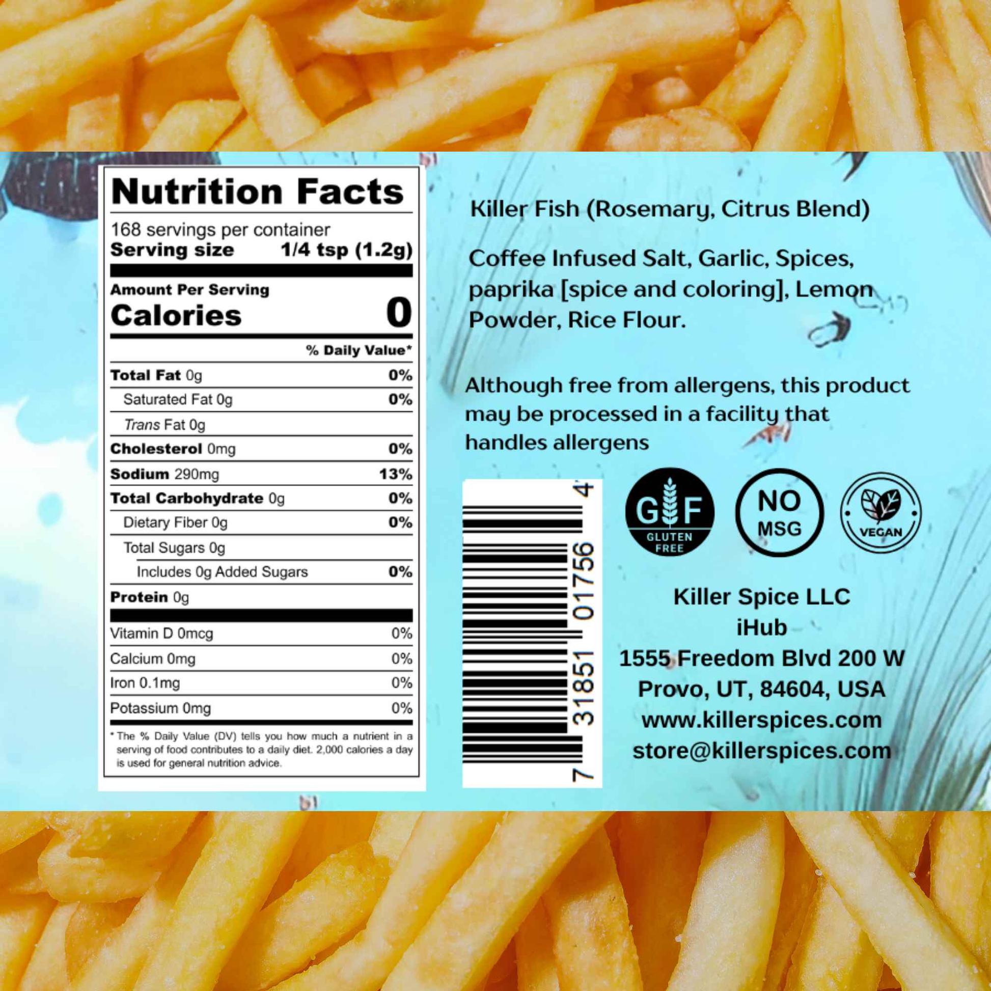 Killer Fish blend nutrition label showing ingredients and allergen information on blue background with french fry border