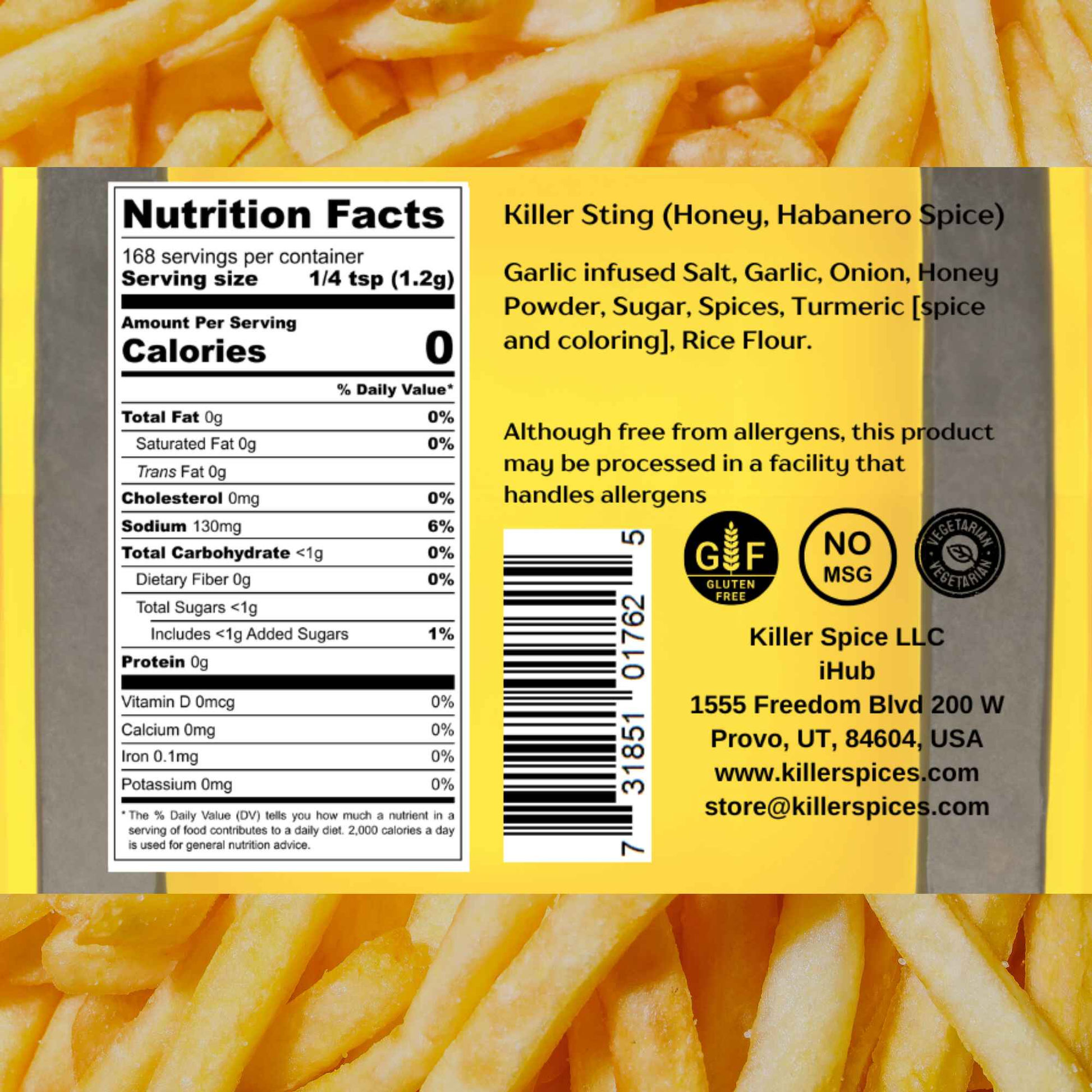 Killer Sting spice blend nutrition label and ingredients shown on yellow background with french fries image border