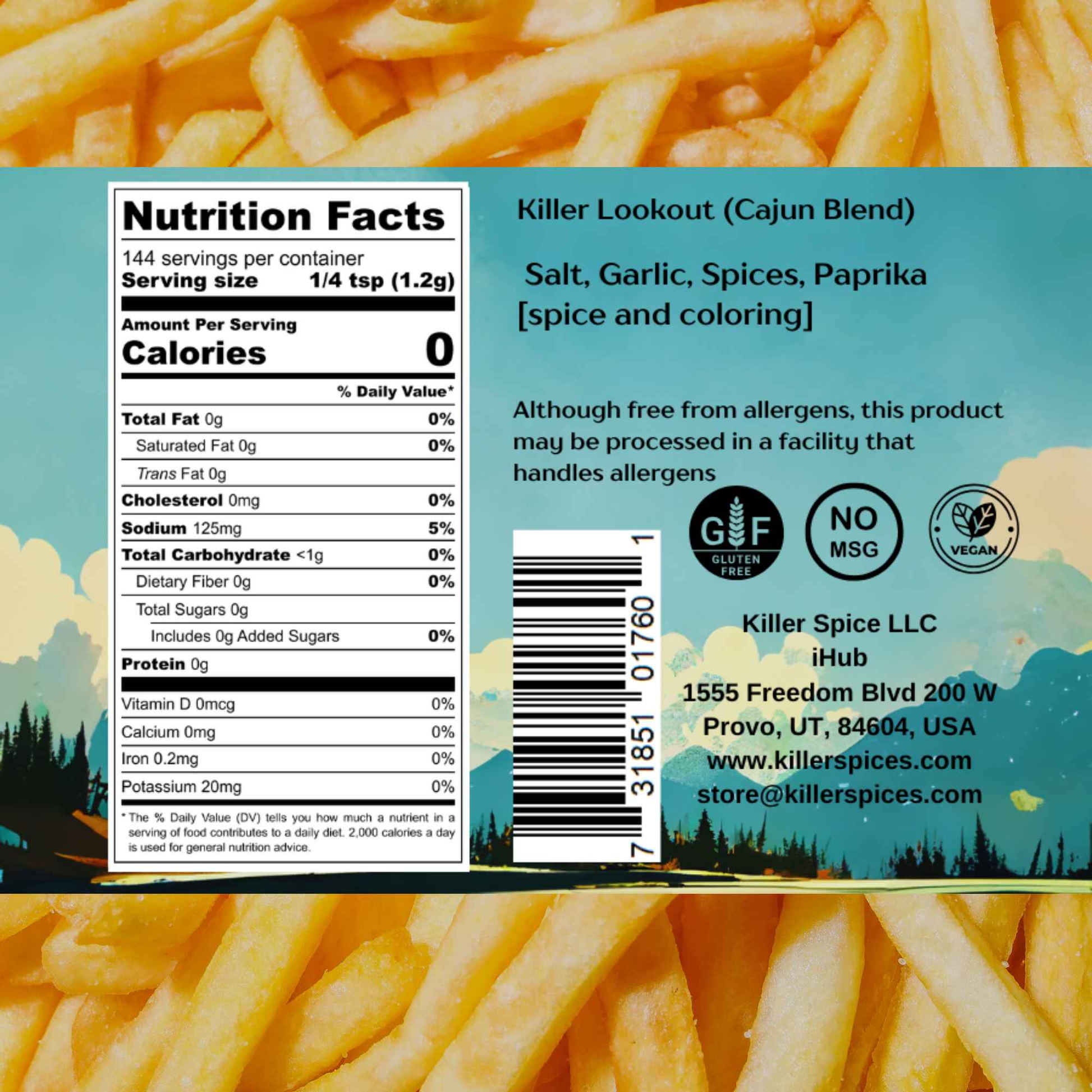 Killer Lookout Cajun spice blend nutrition label with certification badges on French fries background