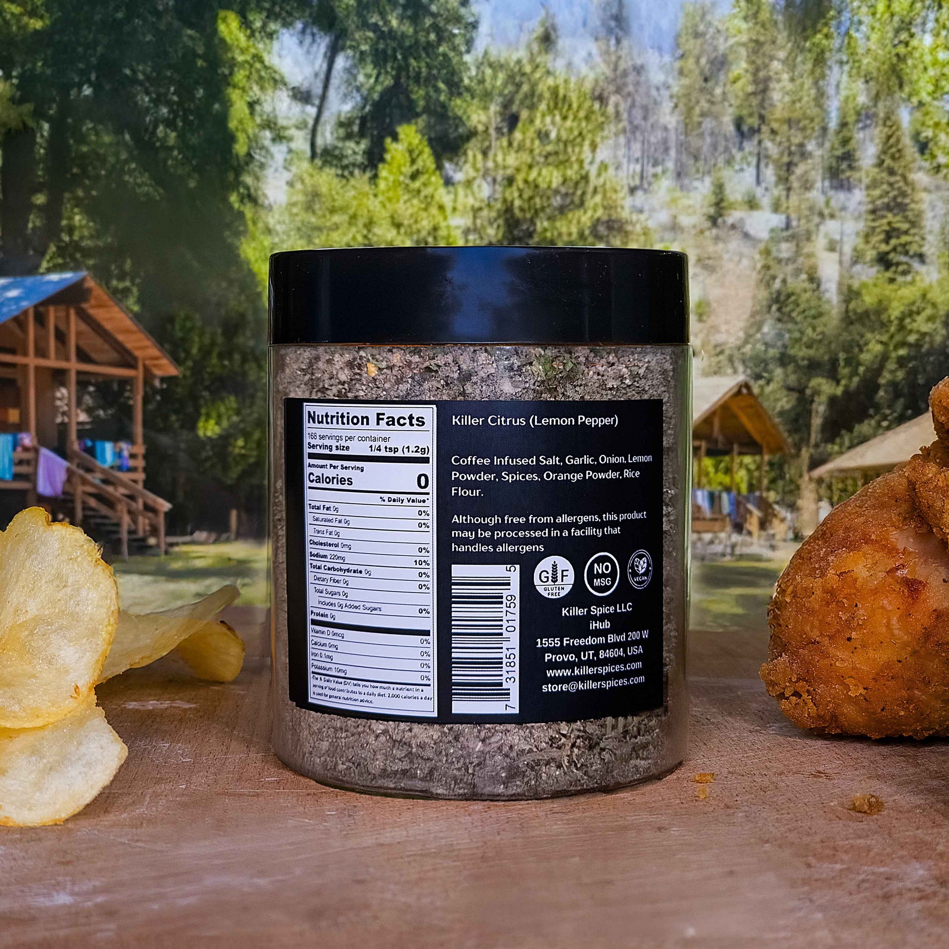 Killer Citrus seasoning blend jar with coffee-infused salt and citrus spices displayed on wooden surface with natural background