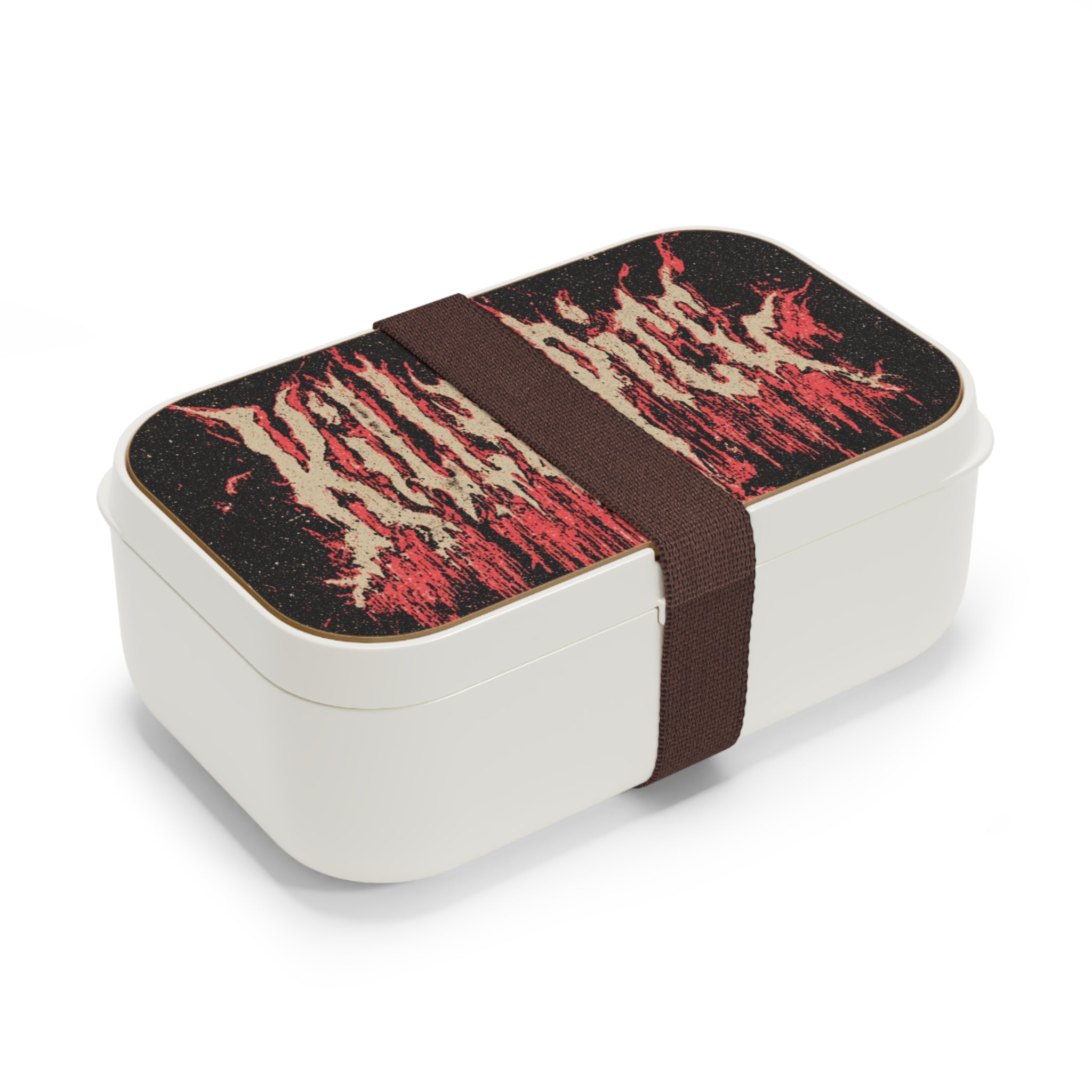 White lunch box with a red and black patterned lid on a white background