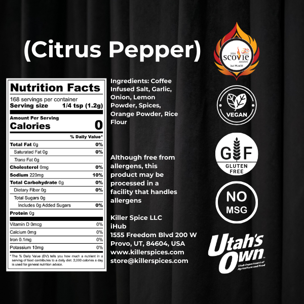 Product label for 'Citrus Pepper' with nutritional information, ingredients, and branding on a black background.