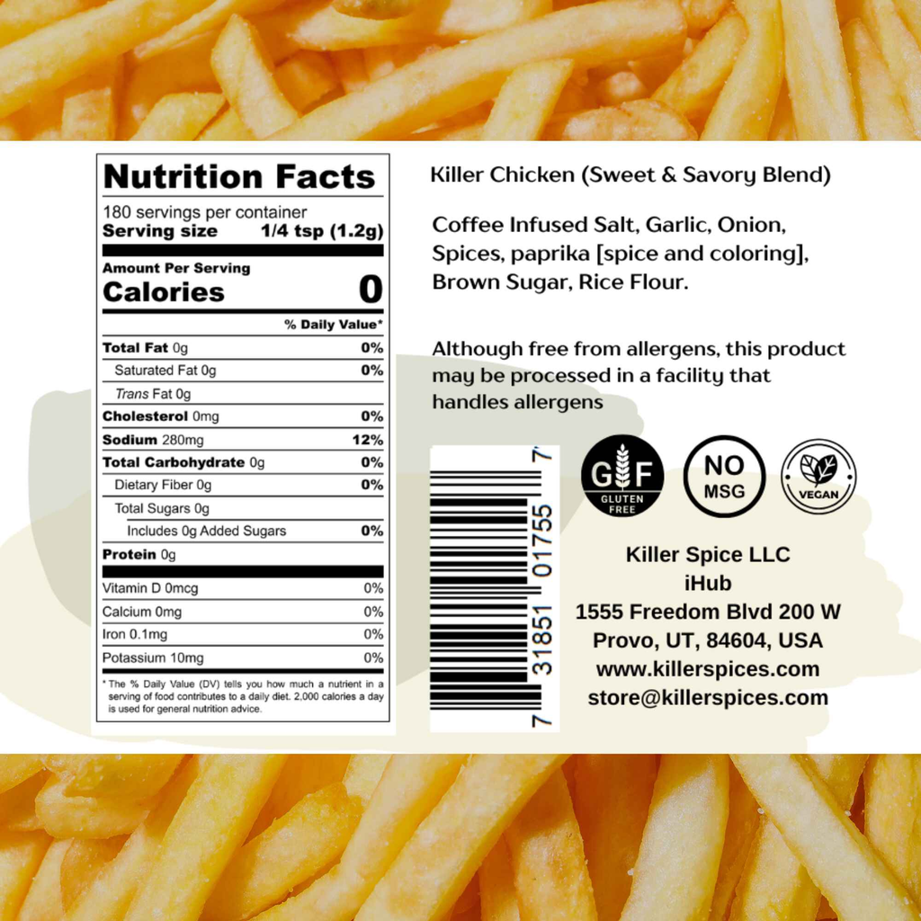 Killer Chicken spice blend nutrition label and ingredients on golden french fry background with certification badges