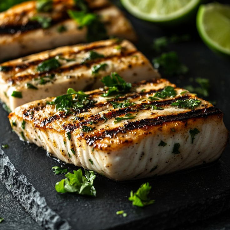 Grilled fish fillets with herbs and lime wedges on a dark surface