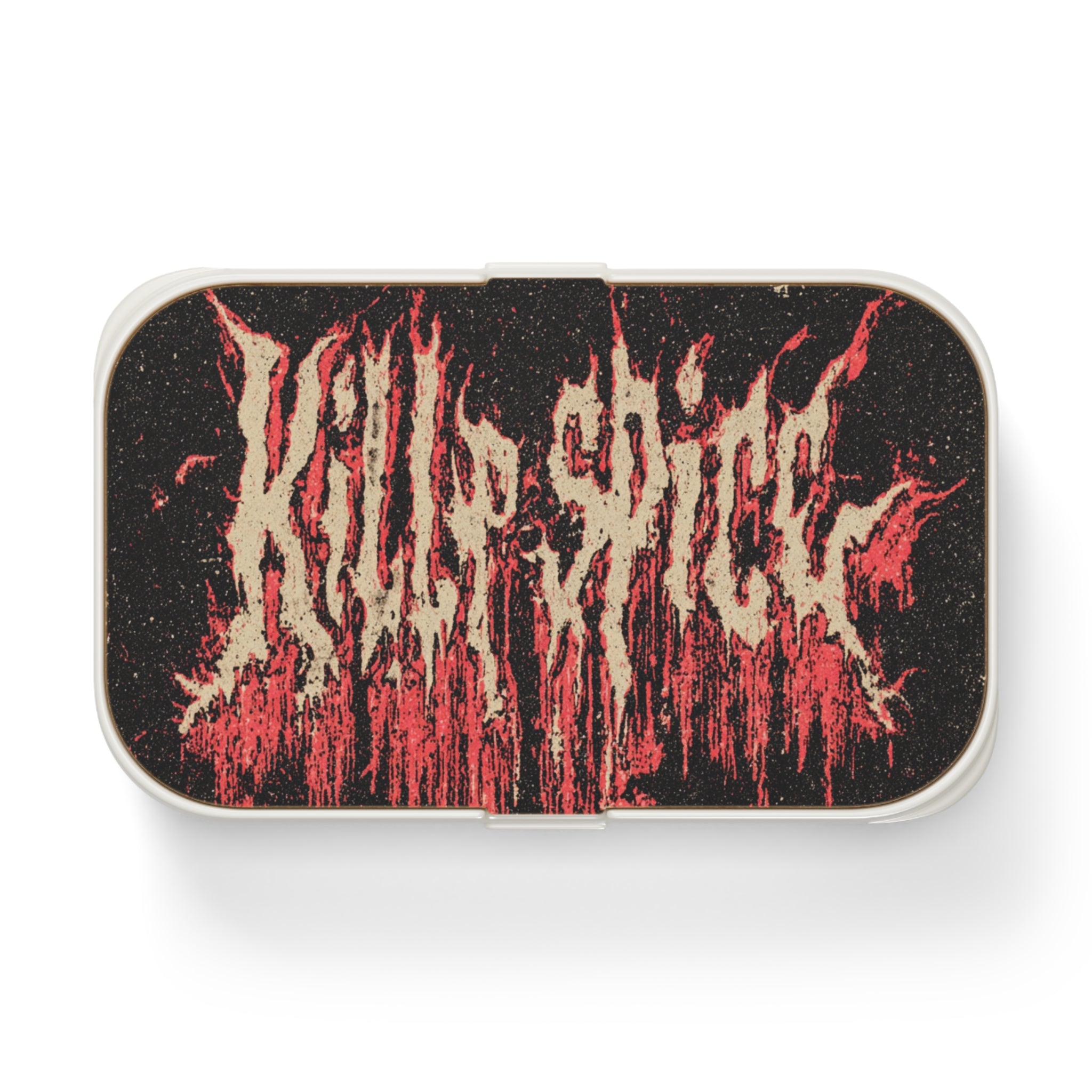 Rectangular metal badge with 'Killswitch Engage' logo in red and white on a black background