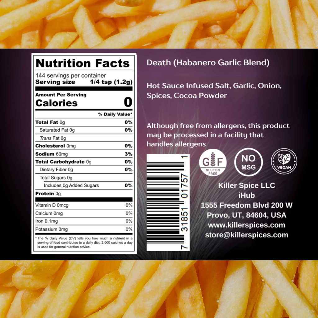 Death Chocolate Habanero seasoning nutrition label and product information on purple background framed by golden french fries