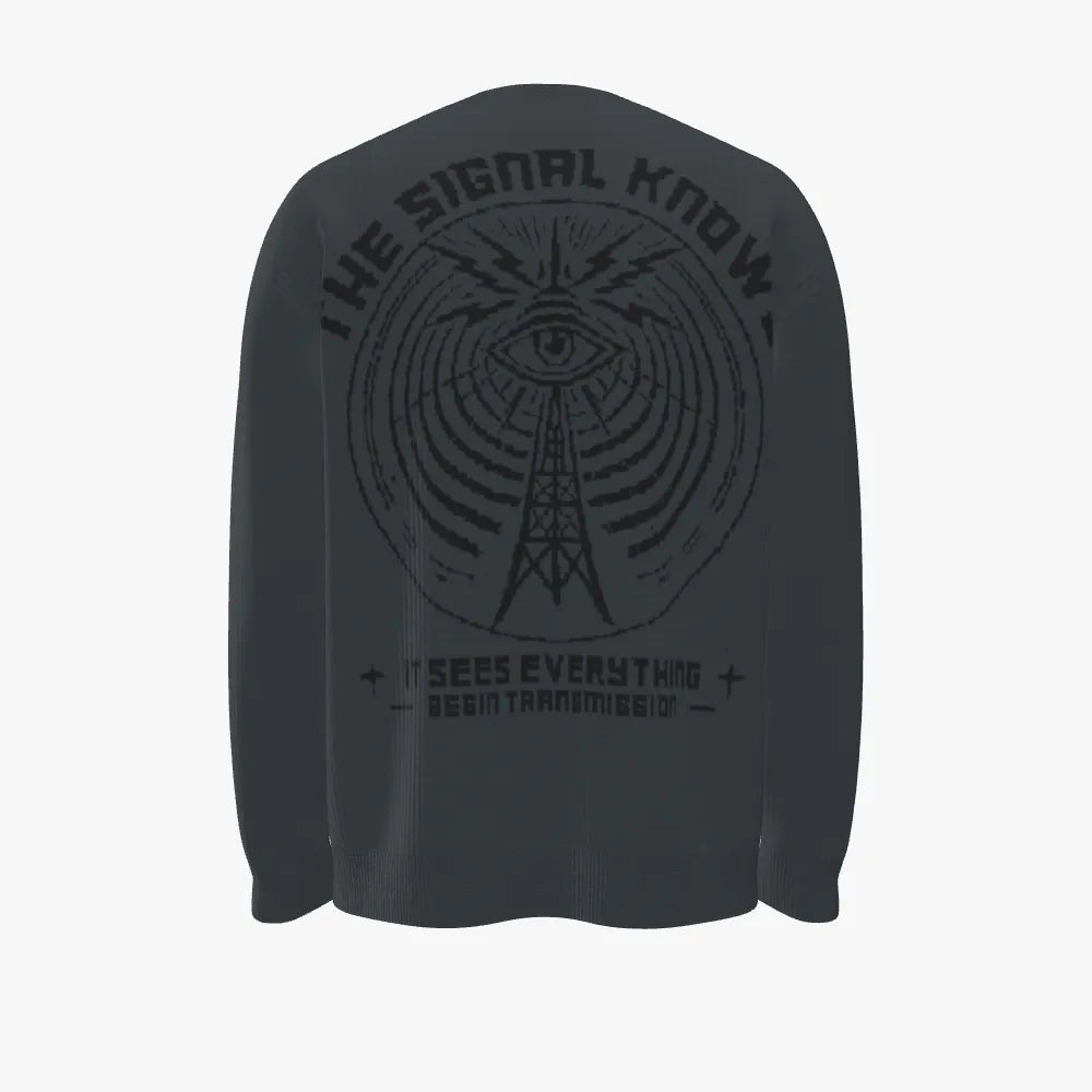 Black long-sleeve shirt with graphic design and text on a white background