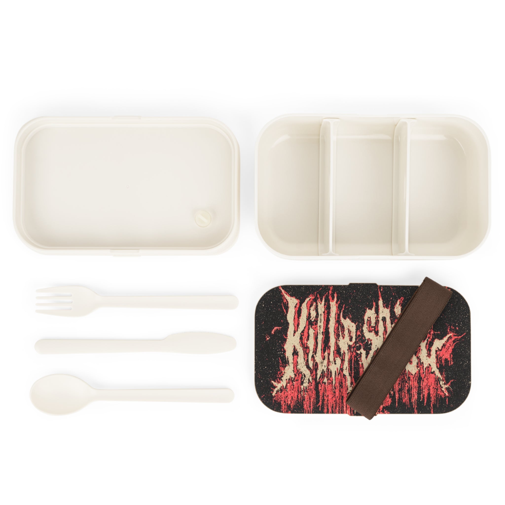 Set of disposable cutlery with two compartments on a white background