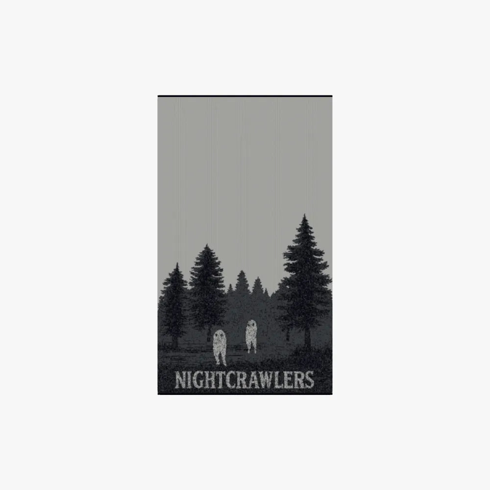 Poster with silhouette of two people in a forest and 'Nightcrawlers' text on a gray background
