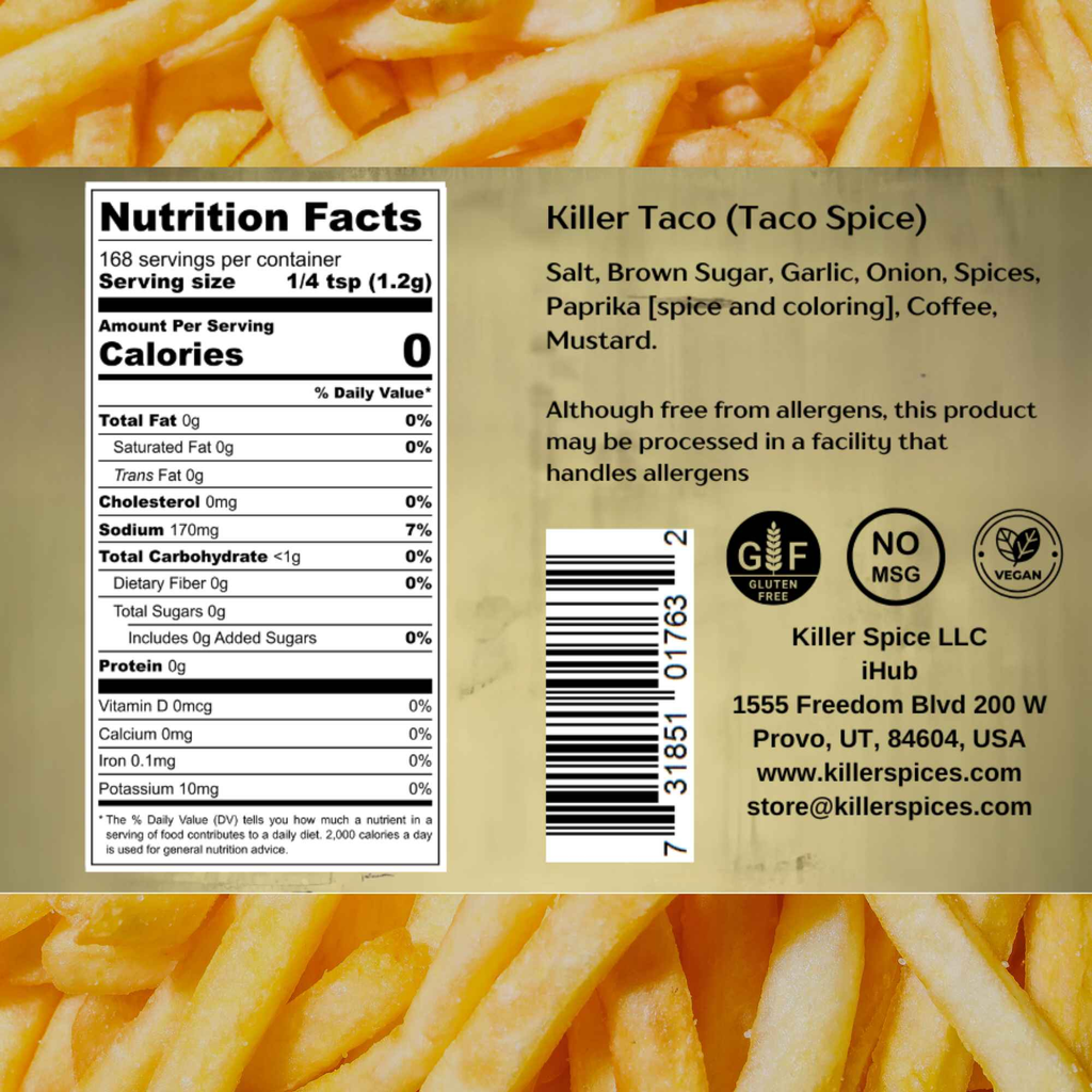 Killer Taco spice blend nutrition label and product information against french fries background