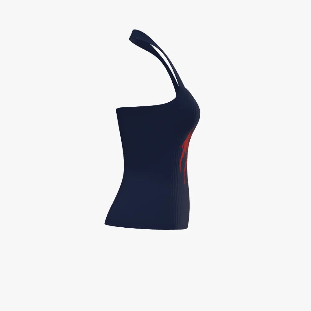 Navy blue one-shoulder top with a red design on a white background