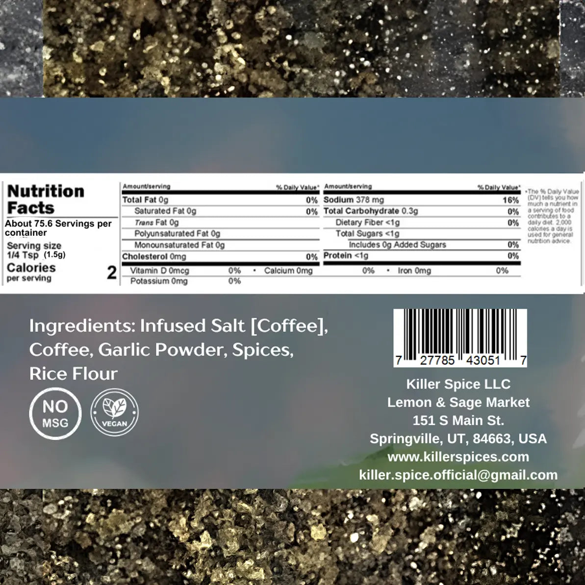 A label showing the ingredients of a Killer Beef (Infused Coffee, Garlic Rub) product by Killer Spice.