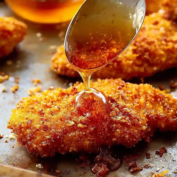 Honey being drizzled over fried chicken on a baking sheet.