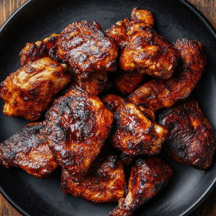 Black plate with smoked chicken wings on a wooden surface