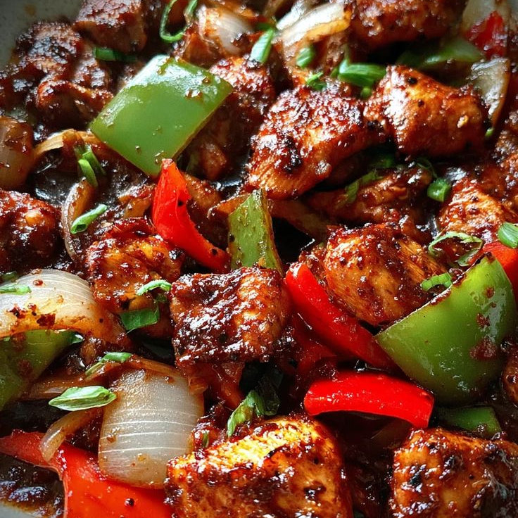 Stir-fried dish with chicken, bell peppers, and onions on a plate