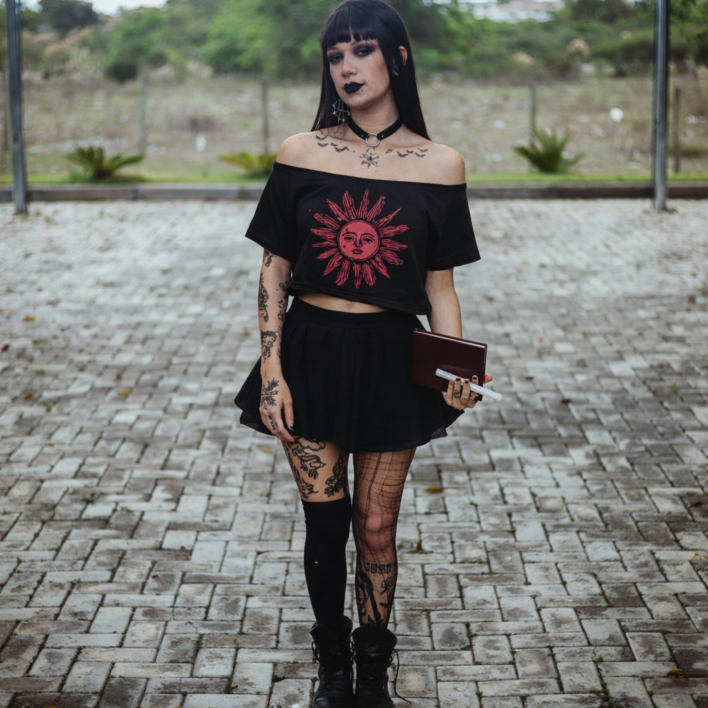 Person in black outfit with sun design on top, standing on a skateboard outdoors.