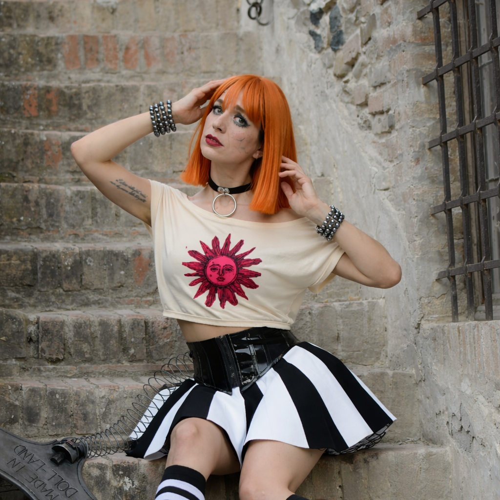 Person with orange hair sitting on stone steps wearing a white crop top with a red sun design, black and white striped socks, and black boots.