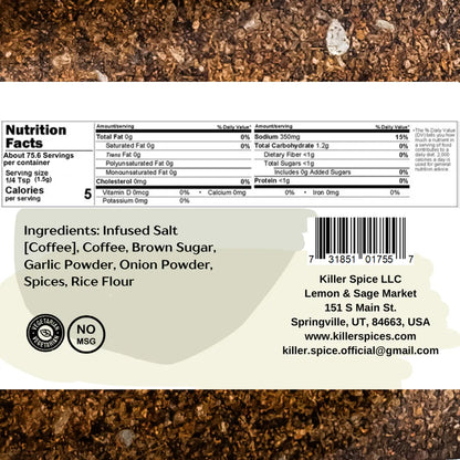 A label showing the ingredients of Killer Chicken (Infused Coffee, Sweet and Savory Rub), a flavorful spice mix made by Killer Spice.
