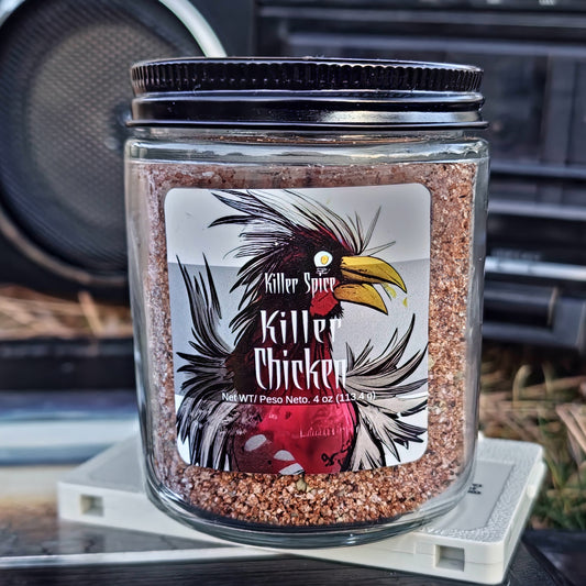 Jar of "Killer Chicken Sweet and Savory Rub" with an illustrated rooster on the label from Killer Spice.