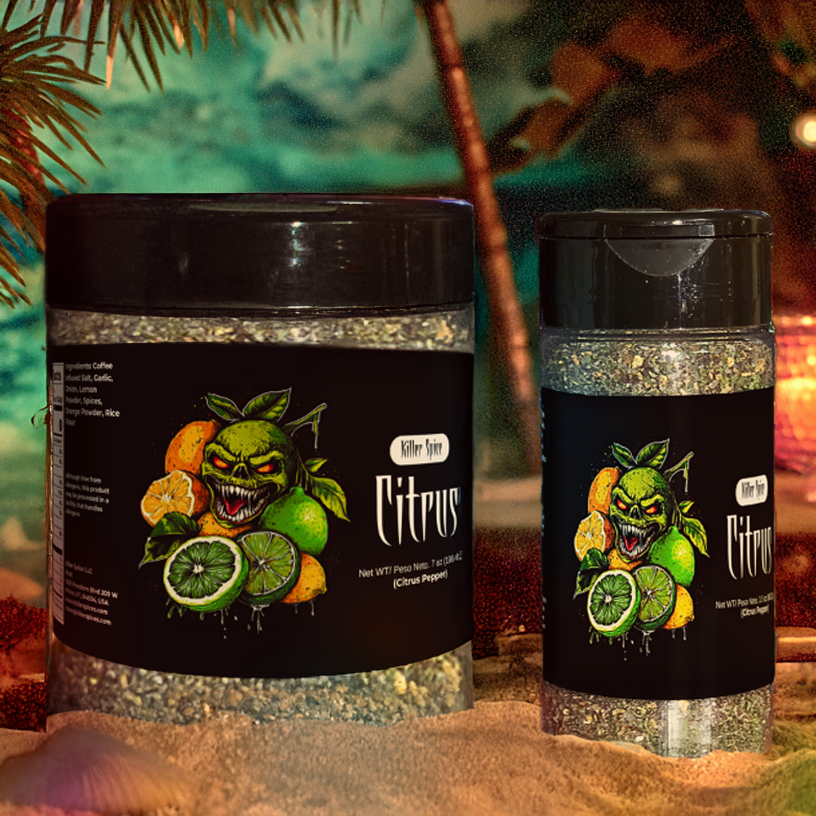 Two jars labeled 'Citrus' with a tropical-themed background