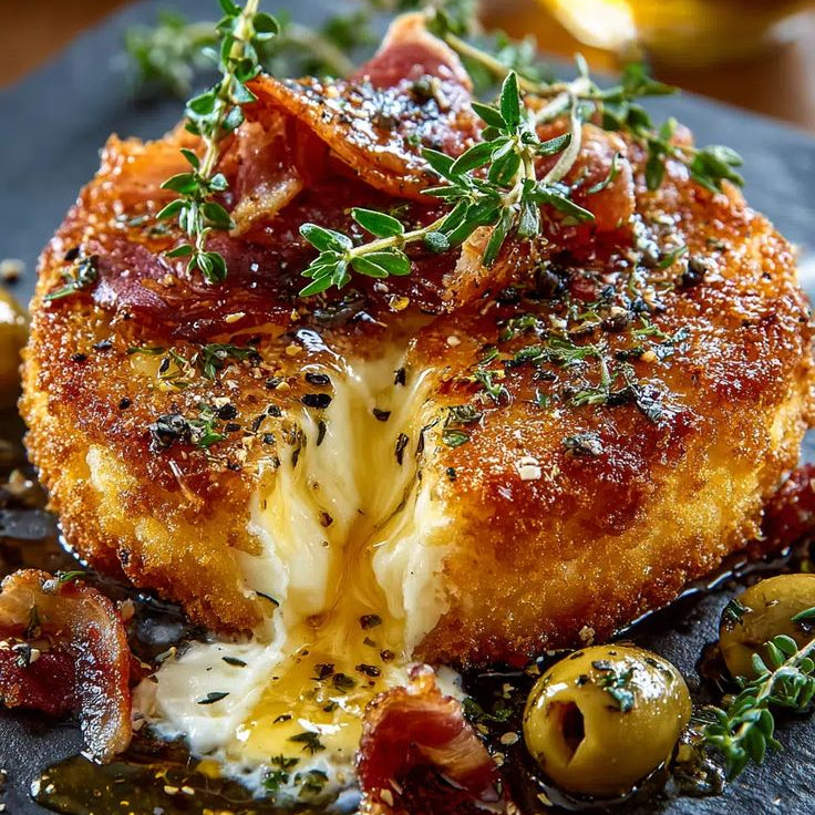 Baked cheese dish with bacon and herbs on a dark slate plate