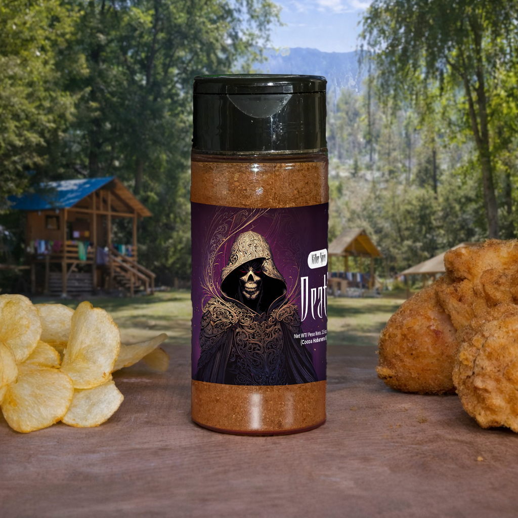 Spice container with a scenic background of trees and mountains