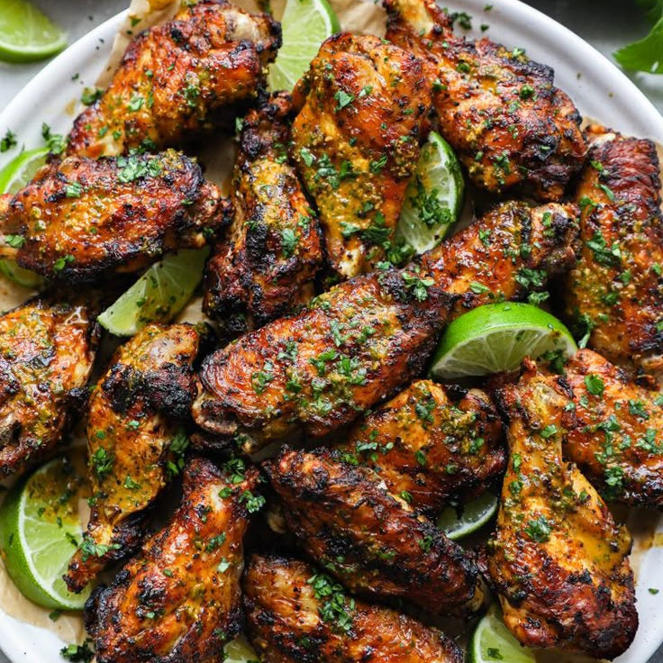Grilled chicken wings with lime wedges on a white plate