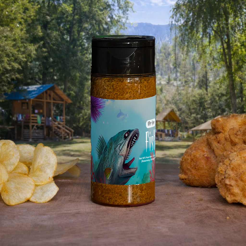 Spice container with a scenic background of trees and mountains