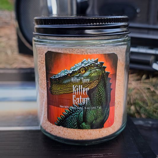 A jar of "Killer Gator" dry rub seasoning with an illustration of an alligator on the label, from Killer Spice.