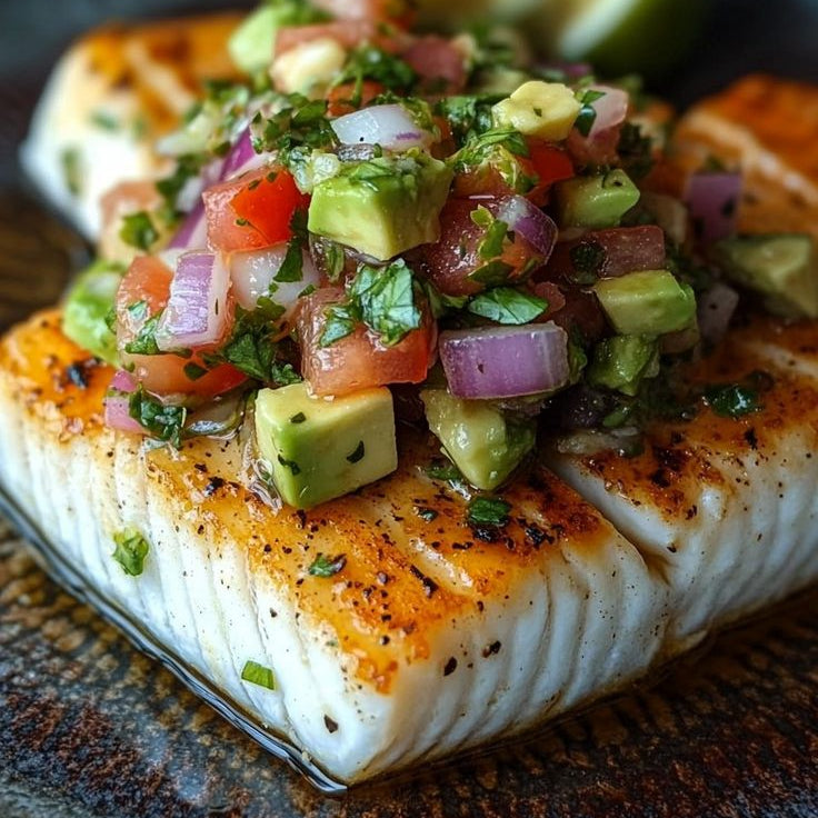 Plated fish with avocado salsa on a textured surface