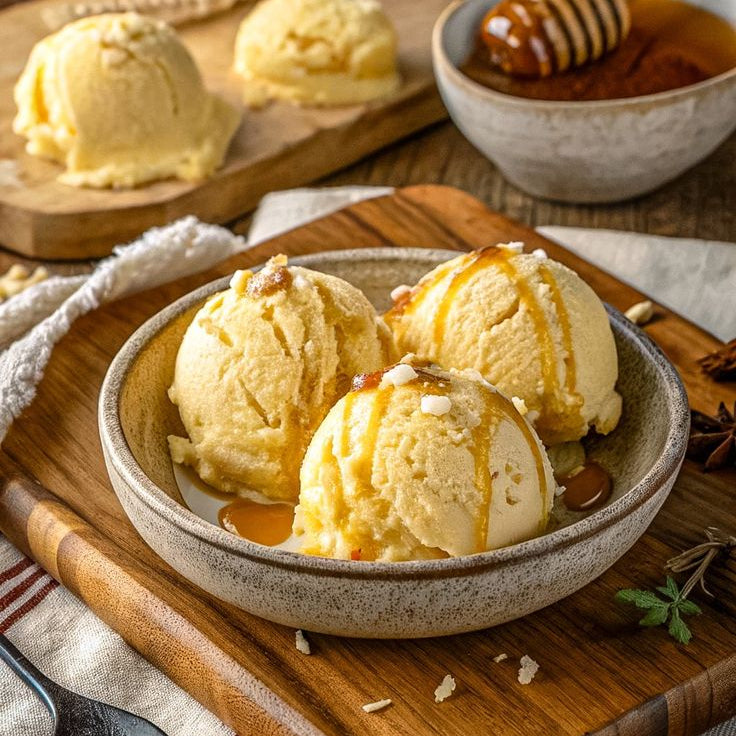 Bowl of honey ice cream with honeycomb on a wooden cutting board.
