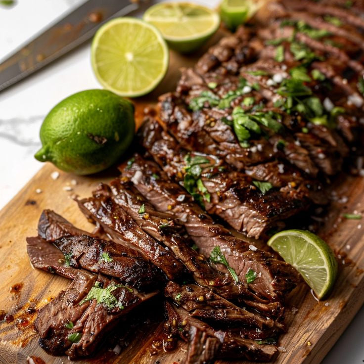 Sliced grilled steak with lime wedges on a wooden cutting board