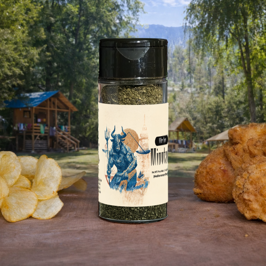 Spice container with decorative label on a wooden surface outdoors