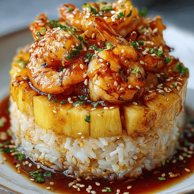 Stack of pineapple and shrimp on a bed of rice with sesame seeds and green onions.