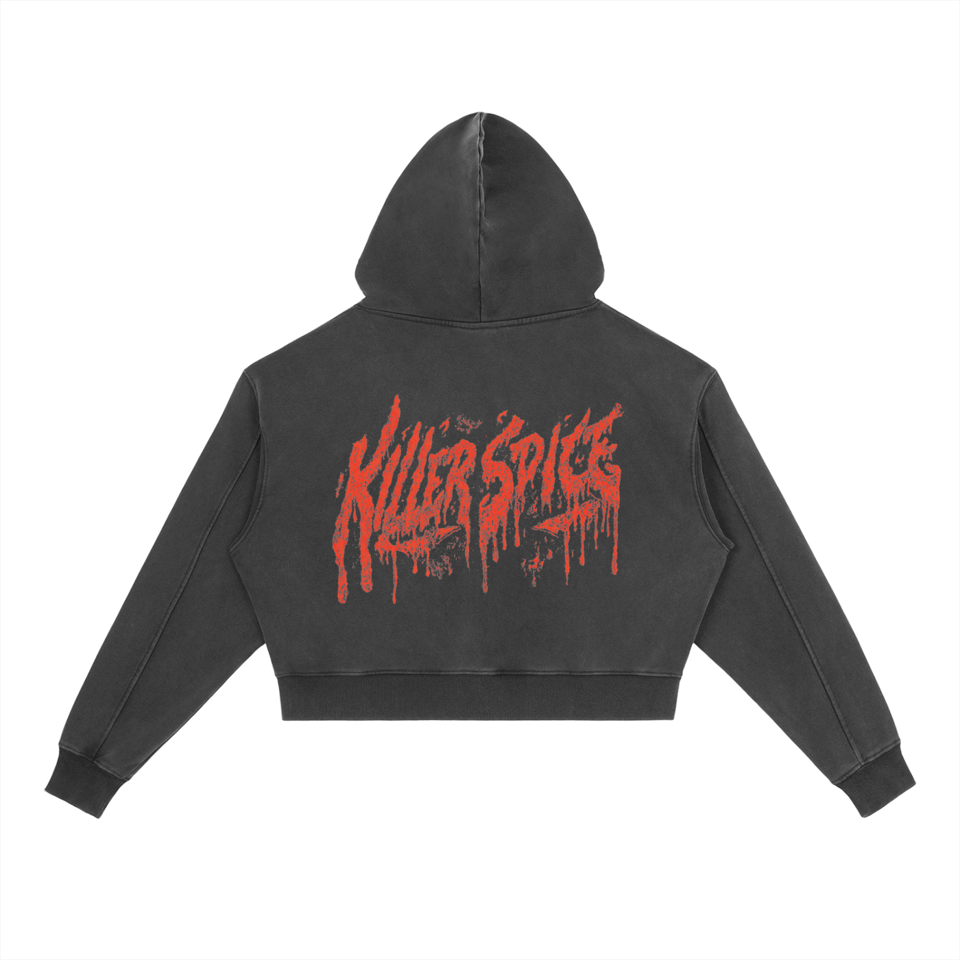 Black hoodie with red 'Killer Spice' text on the back against a white background