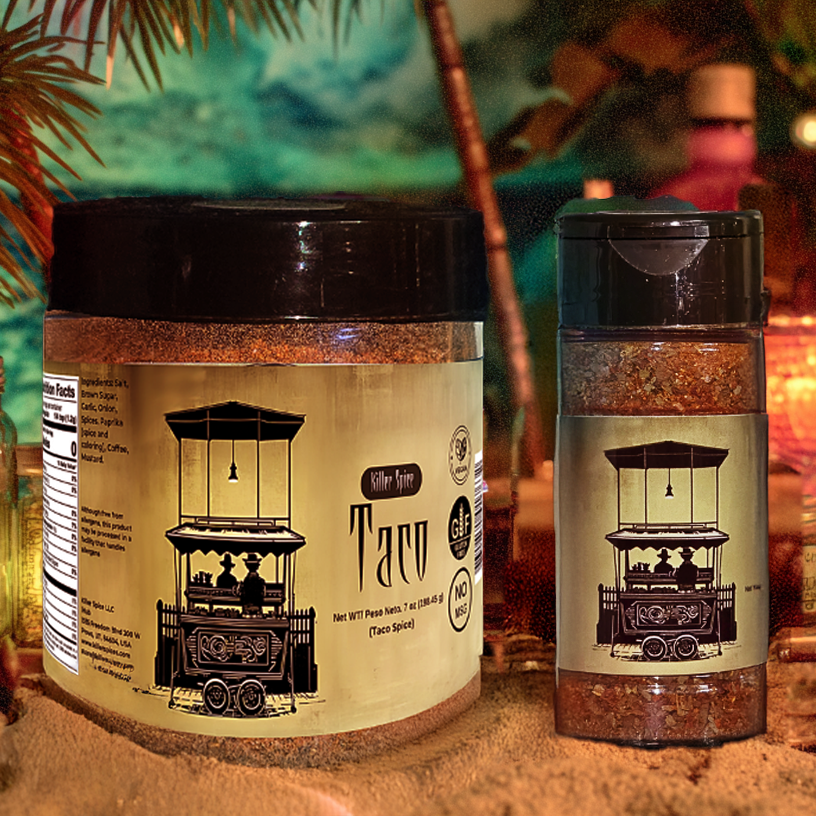 Two jars of Tavo seasoning with a tropical-themed background