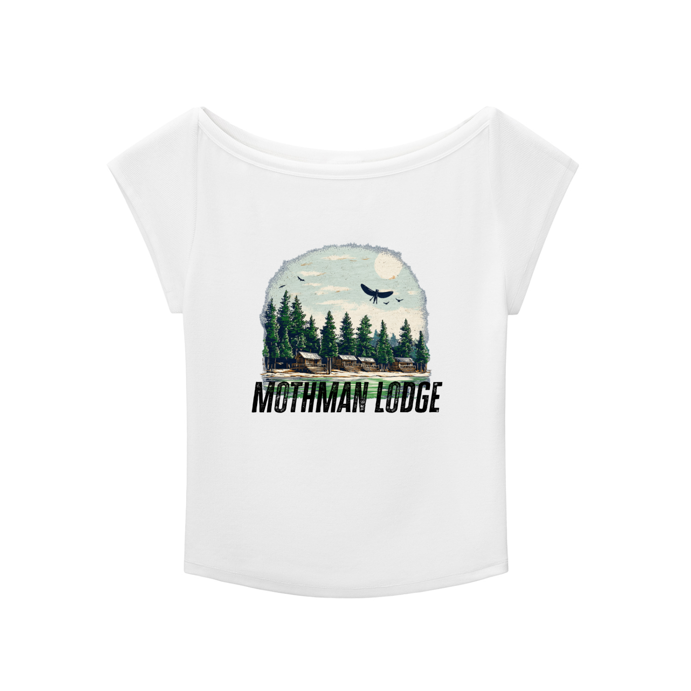 White crop top with 'Mothman Lodge' graphic design on a white background