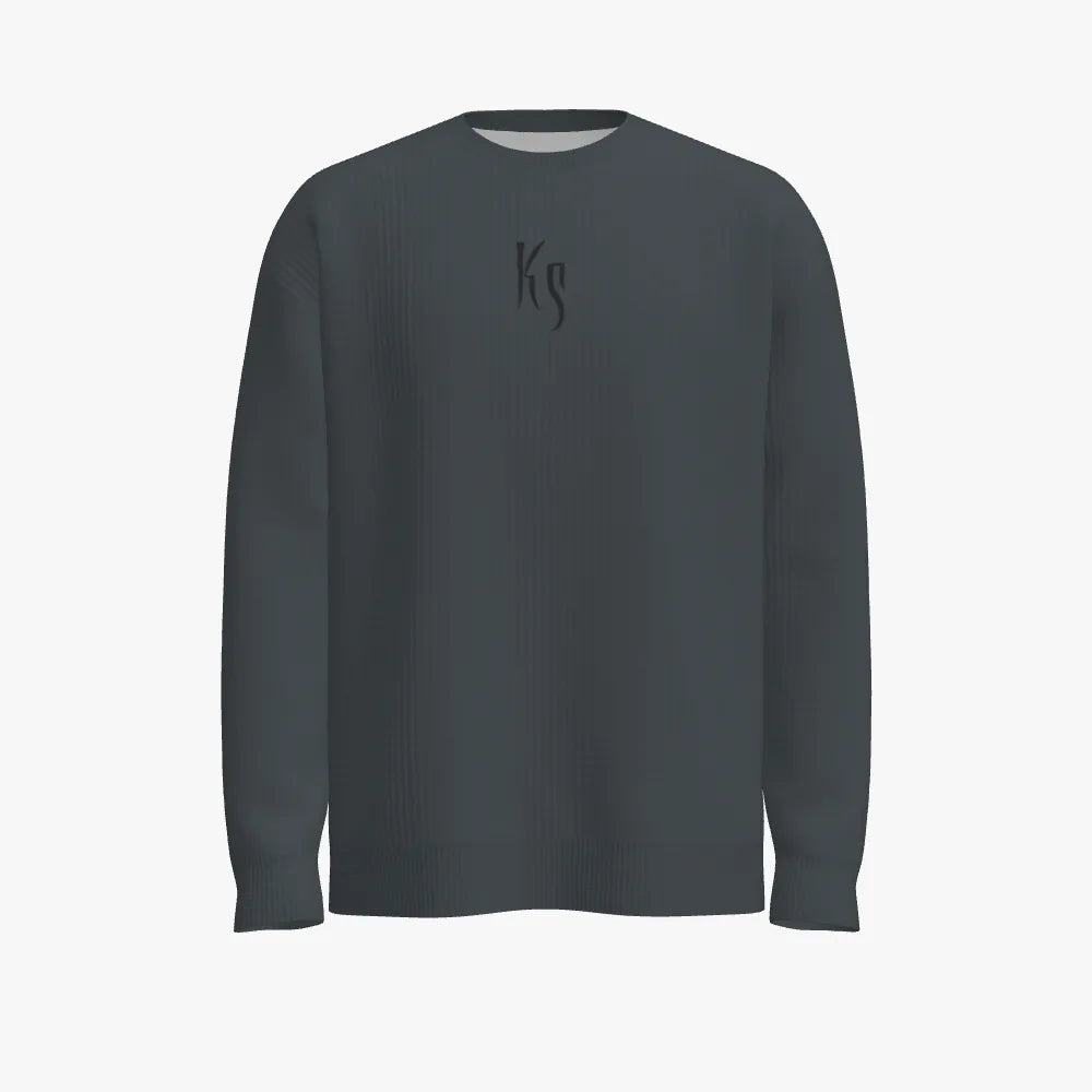 Dark gray sweater with a logo on a white background