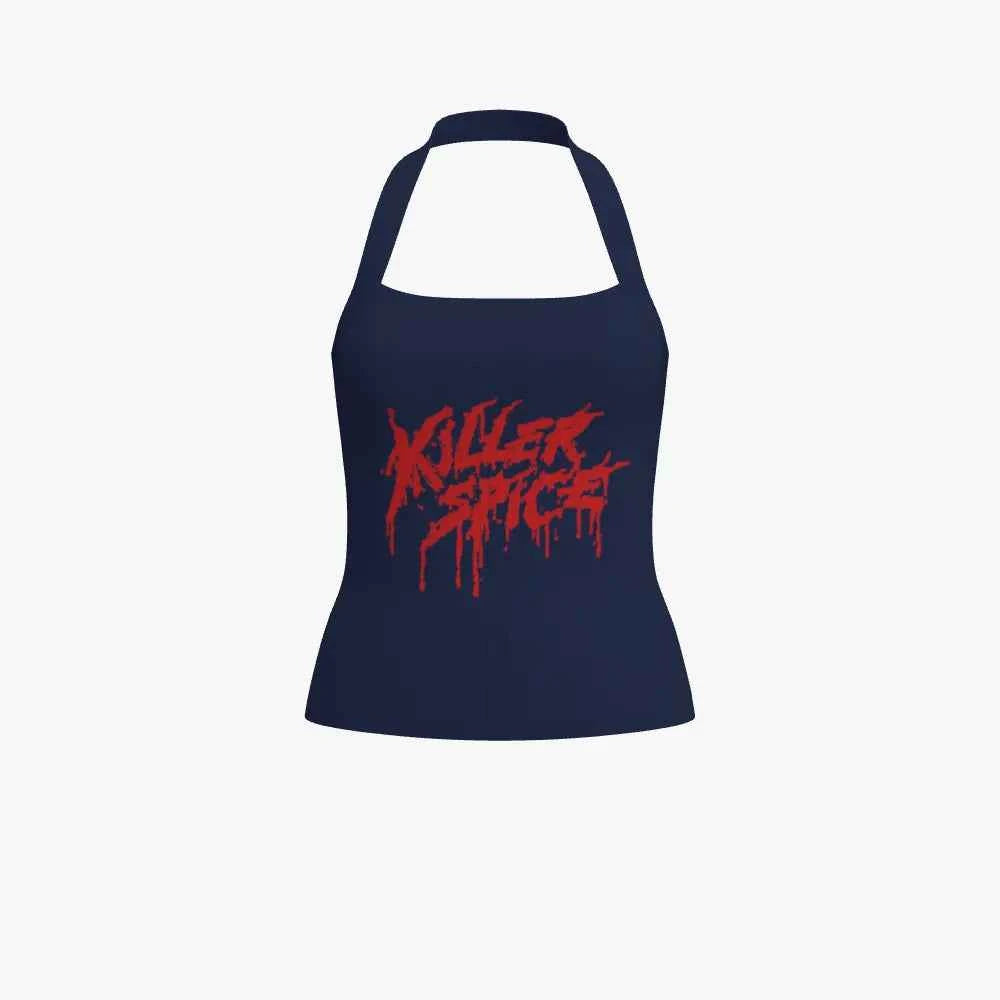 Navy blue tank top with red 'Killer Spice' text on a white background