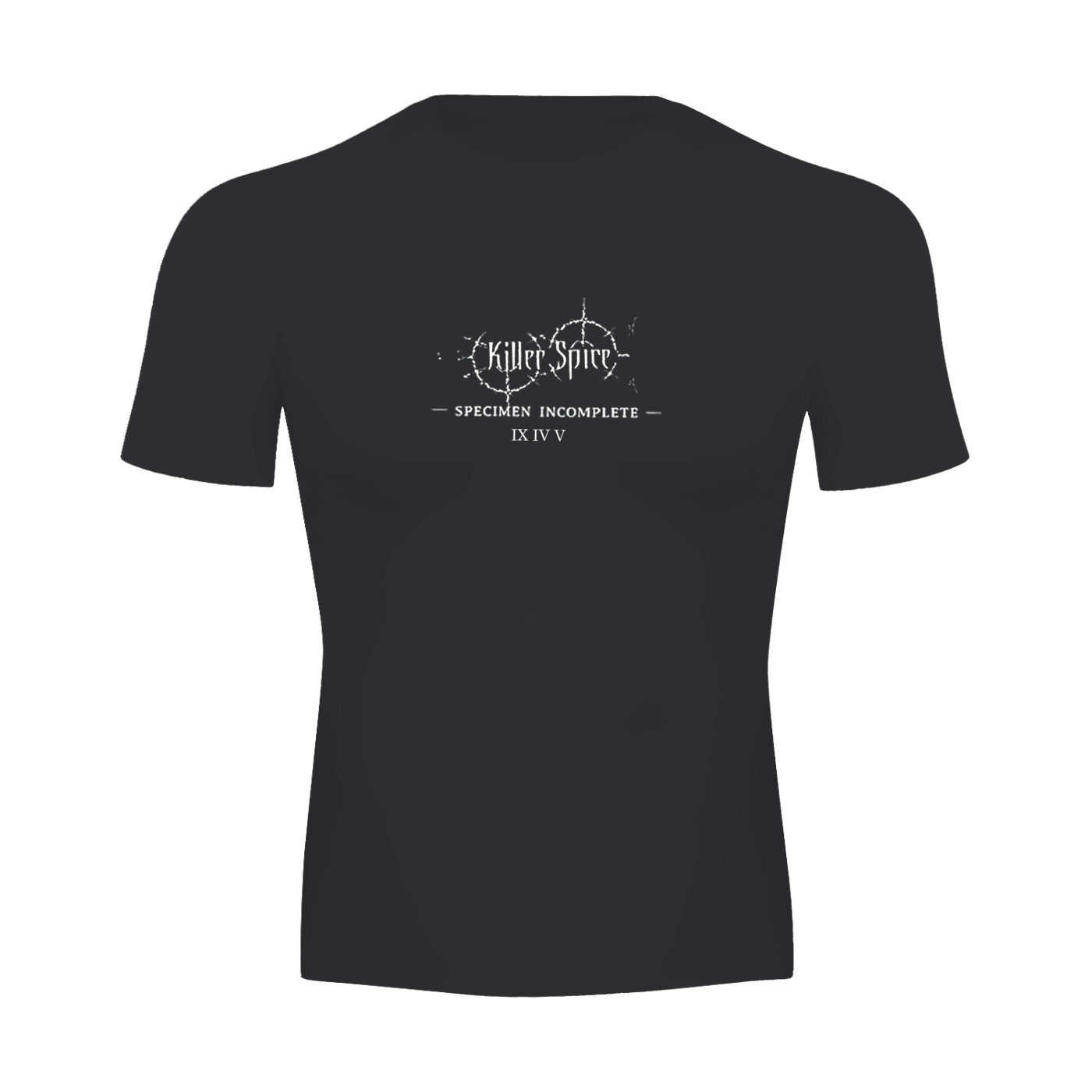 Black t-shirt with a white logo and text on the back against a white background