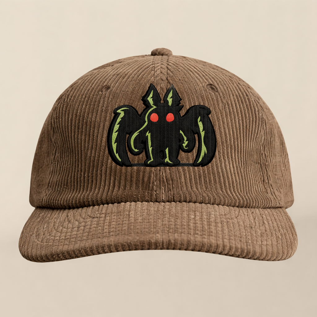 Brown cap with a black and green embroidered design on a beige background