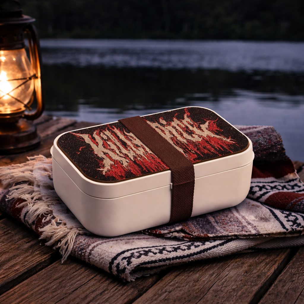 White bento box with embroidered lid on a wooden surface with a lantern and woven mat.