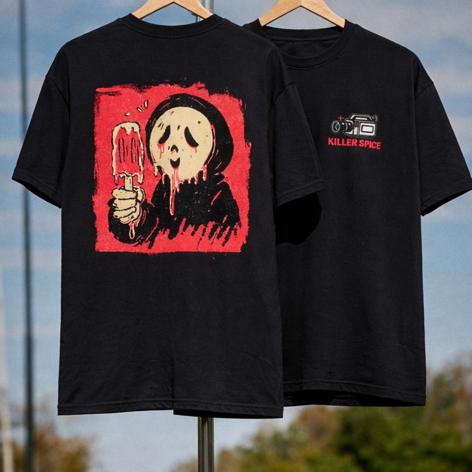 Black t-shirt with graphic design on a hanger against a blue sky background