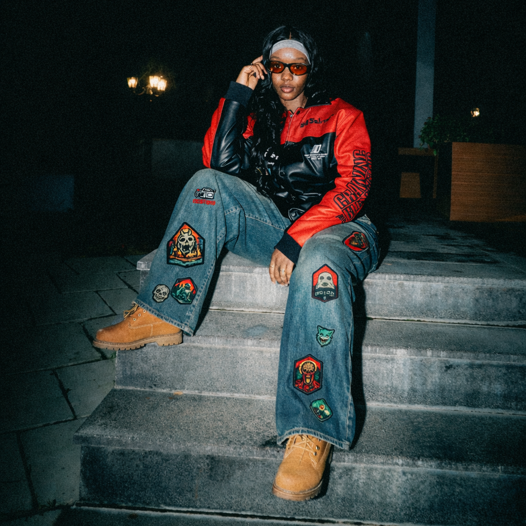 Person sitting on steps at night wearing a red jacket and jeans with patches.