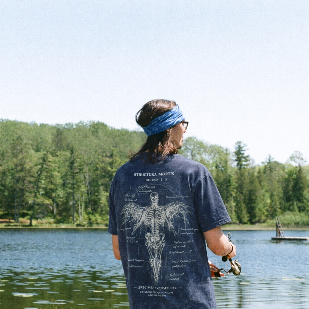 Person fishing by a lake with trees in the background